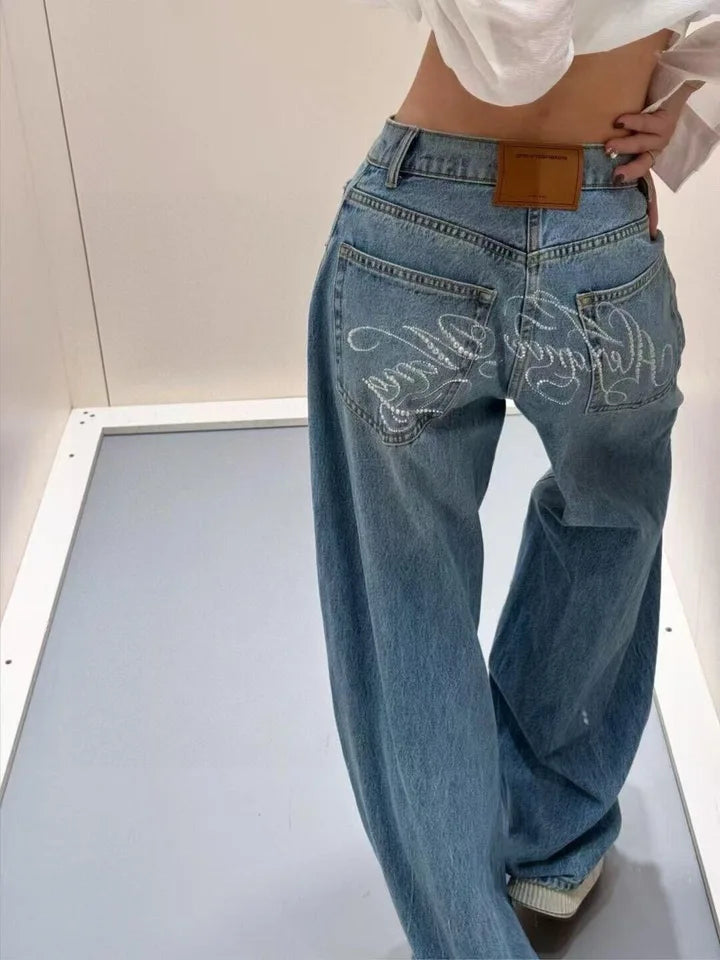 Gradient Spring 2025 Blue Jeans Women Y2K Vintage High Waisted Jeans Straight Streetwear Loose Large Wide Leg Denim Pants