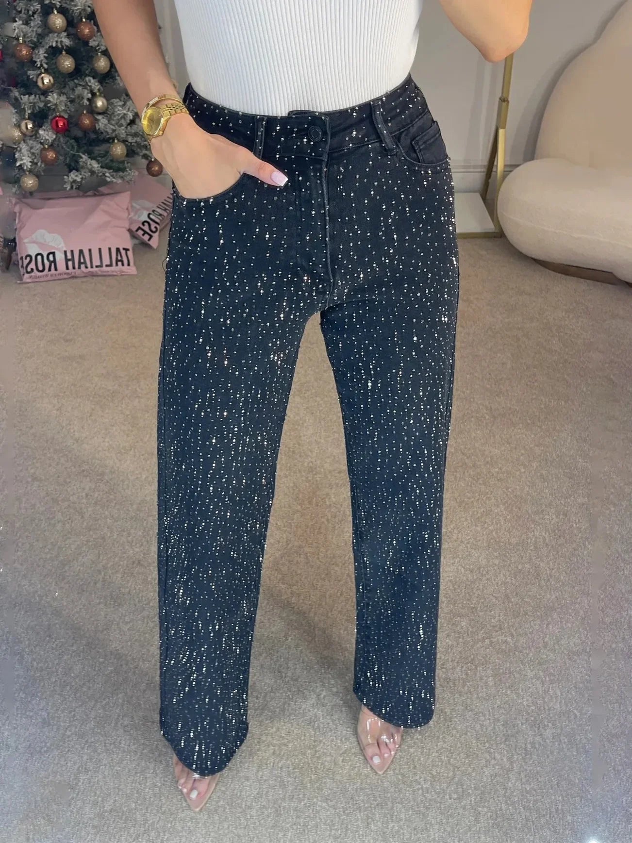 2025 Women Jeans Straight Diamonds Pants Stretch High Waist Washed Mom Jeans Y2k Streetwear Trousers Vintage Denims Streetwear