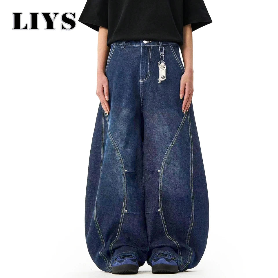 Men's American Retro Blue Loose Machete Wide Leg Jeans Unisex Baggy Straight Leg Sickle Denim Pants Deconstructed Balloon Pants
