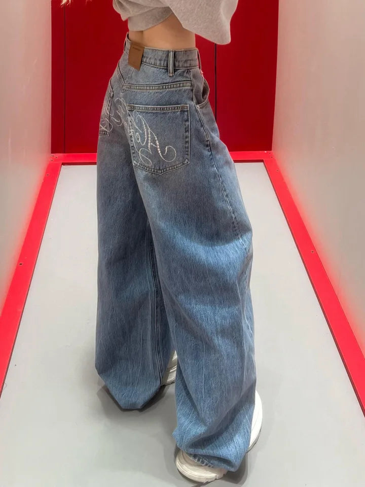 Gradient Spring 2025 Blue Jeans Women Y2K Vintage High Waisted Jeans Straight Streetwear Loose Large Wide Leg Denim Pants