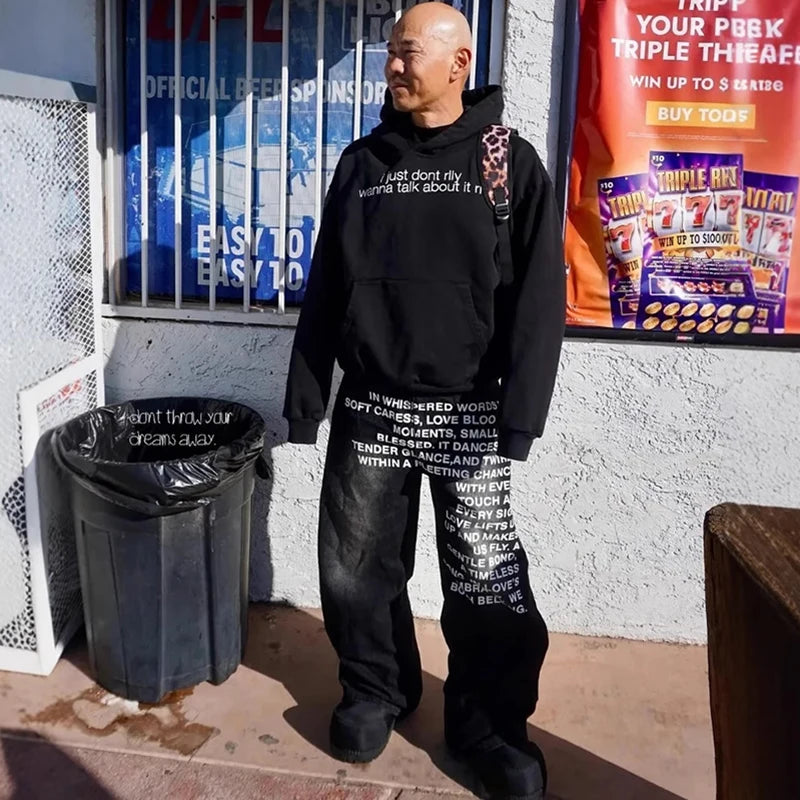 Fashion Retro Streetwear Hip-Hop Pants Casual Pants Men'S Wide Leg Pants Letter Printed Jeans Baggy Pants