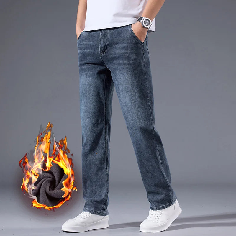 Men's Winter Warm Fleece Lined Thick Stretchable Business Casual Jeans Lightweight Trousers for Office And Daily Wear