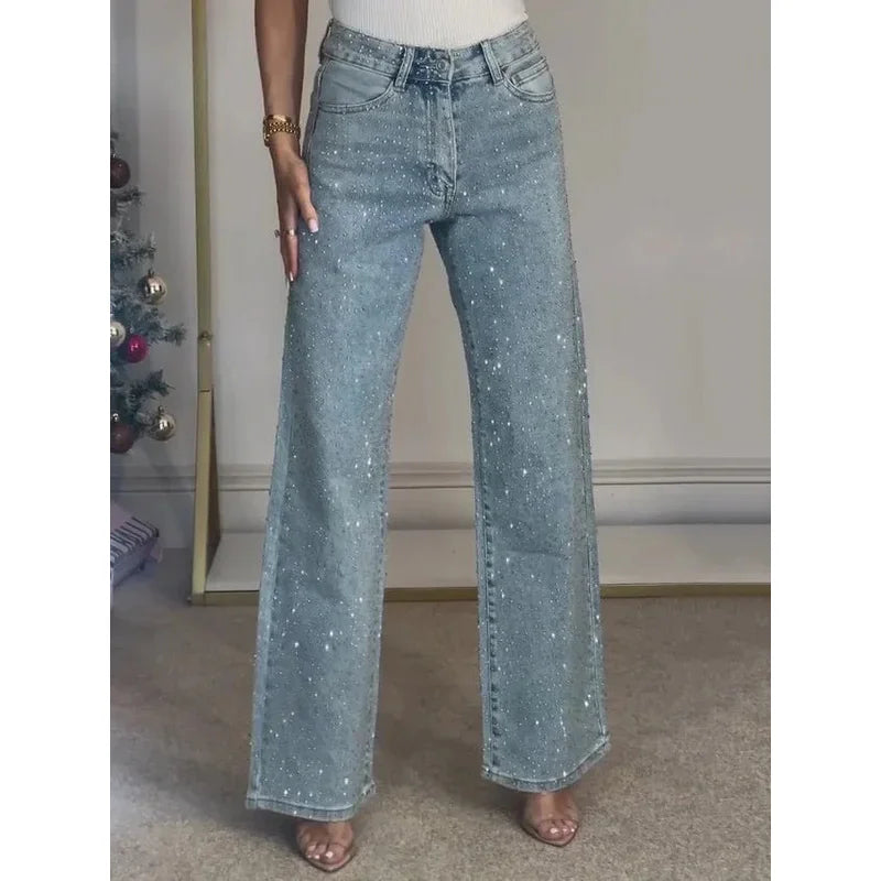 2025 Women Jeans Straight Diamonds Pants Stretch High Waist Washed Mom Jeans Y2k Streetwear Trousers Vintage Denims Streetwear