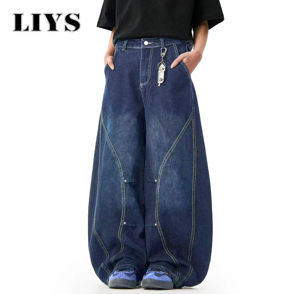 Men's American Retro Blue Loose Machete Wide Leg Jeans Unisex Baggy Straight Leg Sickle Denim Pants Deconstructed Balloon Pants