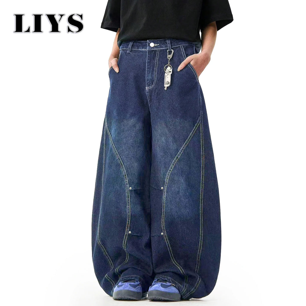 Men's American Retro Blue Loose Machete Wide Leg Jeans Unisex Baggy Straight Leg Sickle Denim Pants Deconstructed Balloon Pants