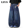 Men's American Retro Blue Loose Machete Wide Leg Jeans Unisex Baggy Straight Leg Sickle Denim Pants Deconstructed Balloon Pants
