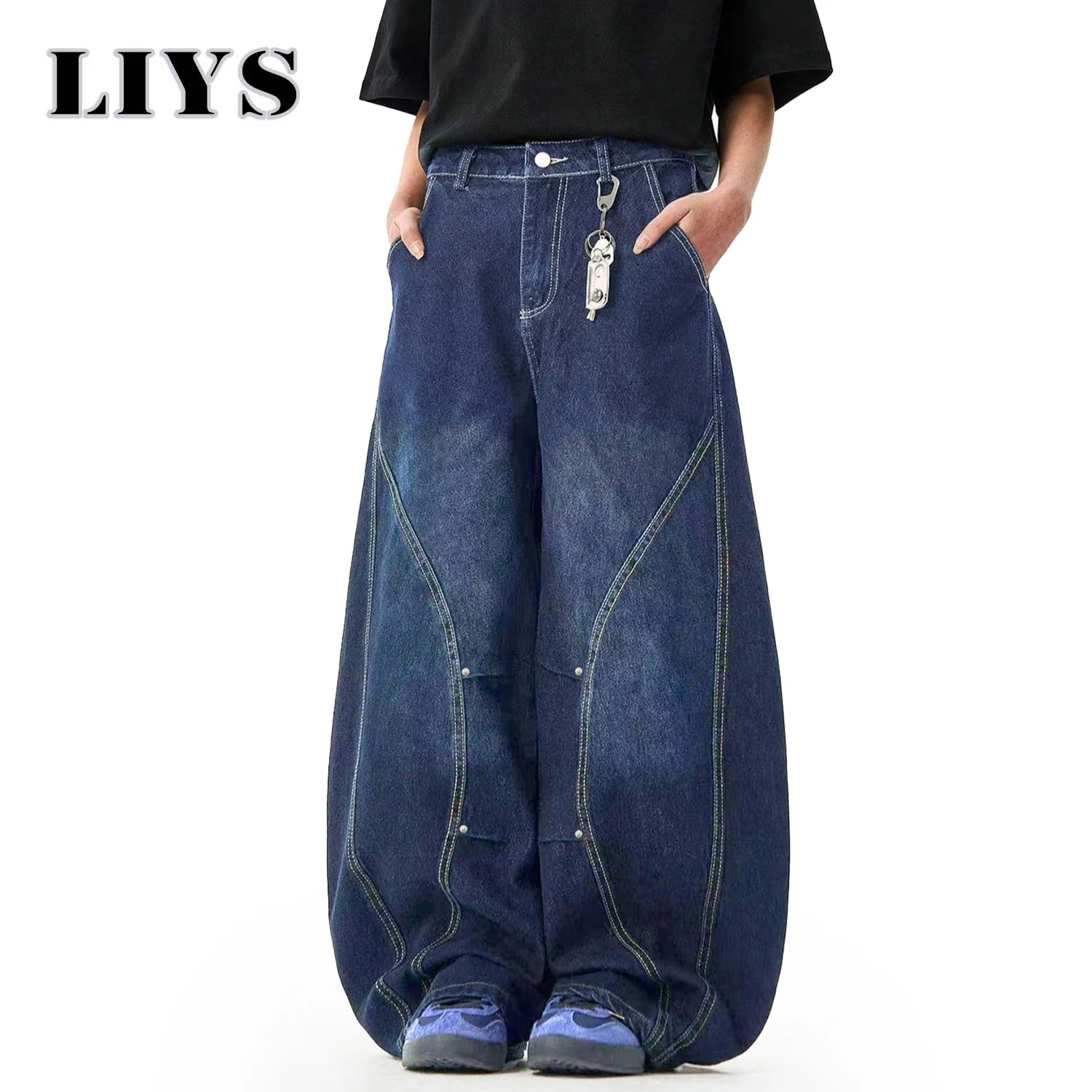 Men's American Retro Blue Loose Machete Wide Leg Jeans Unisex Baggy Straight Leg Sickle Denim Pants Deconstructed Balloon Pants