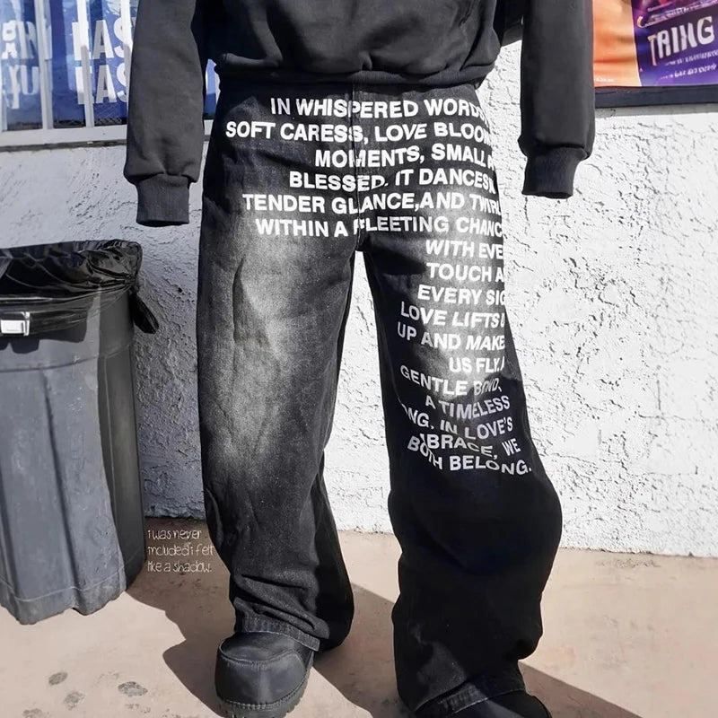 Fashion Retro Streetwear Hip-Hop Pants Casual Pants Men'S Wide Leg Pants Letter Printed Jeans Baggy Pants