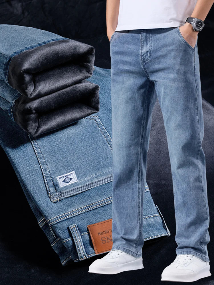 Men's Winter Warm Fleece Lined Thick Stretchable Business Casual Jeans Lightweight Trousers for Office And Daily Wear