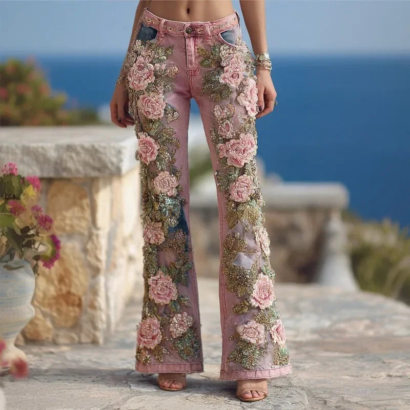 Women's Floral Embroidered High Waist Flared Jeans Vintage Boho Wide Leg Denim Pants for Party and Daily Outfits