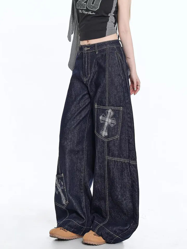 Washed patchwork embroidered jeans for women, high waisted retro Y2K straight tube loose street style curved knife wide leg pant