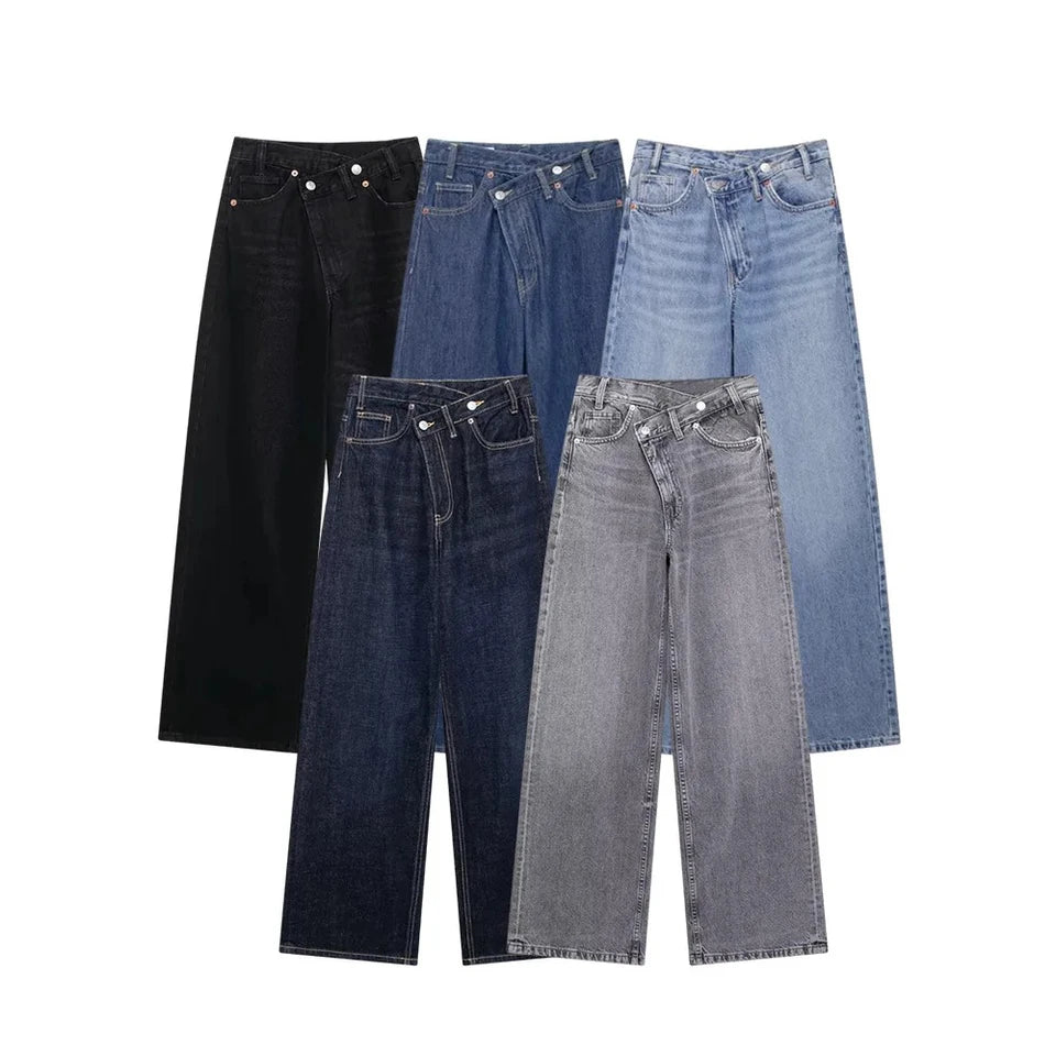 Women's Basic Hundred Jeans New Fashion Asymmetric Design High Waist Wide Leg Trousers Casual Women's Straight Leg Jeans