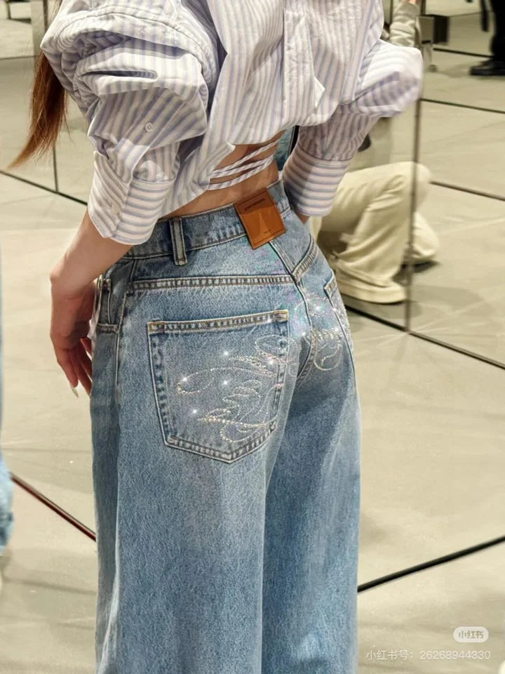 Gradient Spring 2025 Blue Jeans Women Y2K Vintage High Waisted Jeans Straight Streetwear Loose Large Wide Leg Denim Pants