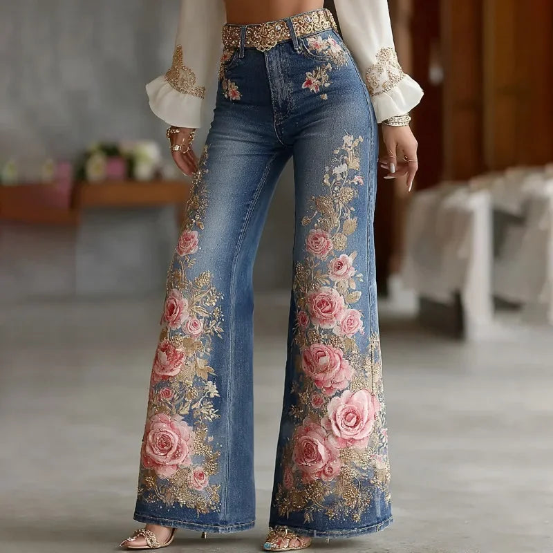 Women's Floral Embroidered High Waist Flared Jeans Vintage Boho Wide Leg Denim Pants for Party and Daily Outfits