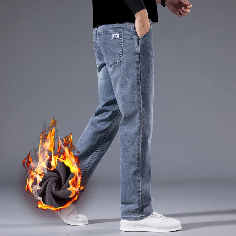 Men's Winter Warm Fleece Lined Thick Stretchable Business Casual Jeans Lightweight Trousers for Office And Daily Wear