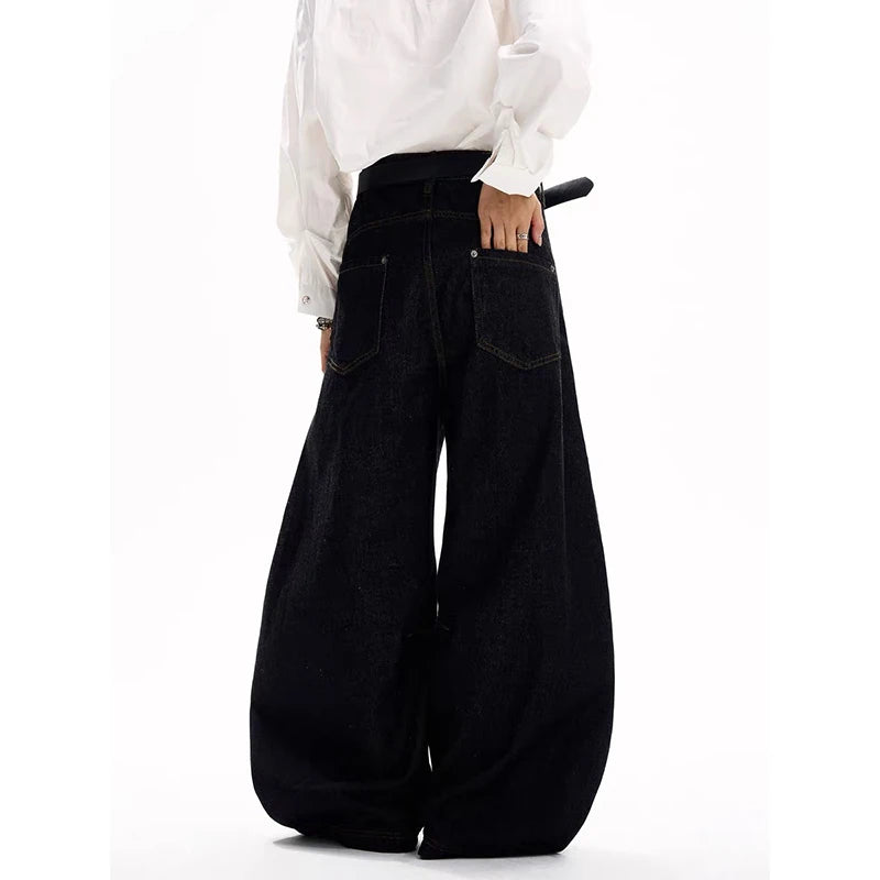 YIBASHU Women's Gothic Black Cargo Denim Jeans Y2K Harajuku High Waist Wide Leg Pants Street American Retro Style High Clothing