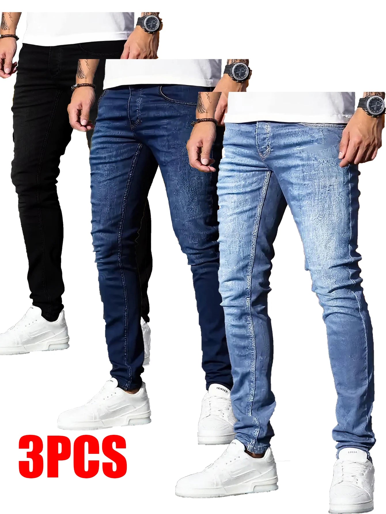 A set of three men's slim-fit jeans in multiple colors, including black, dark blue, and light blue, designed to fit the body sha