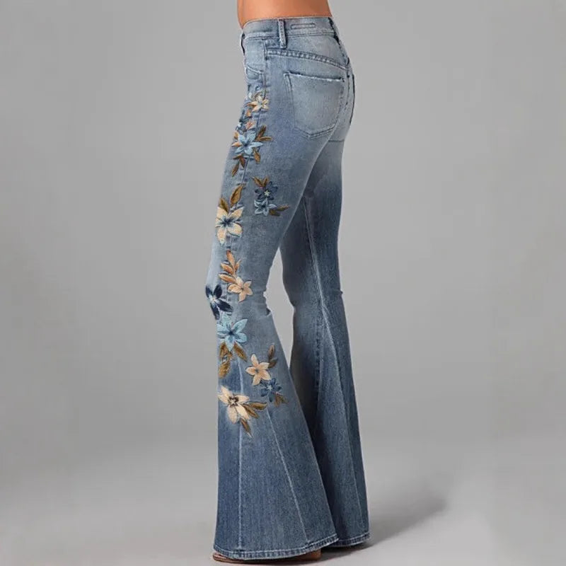 Women's Floral Embroidered High Waist Flared Jeans Vintage Boho Wide Leg Denim Pants for Party and Daily Outfits