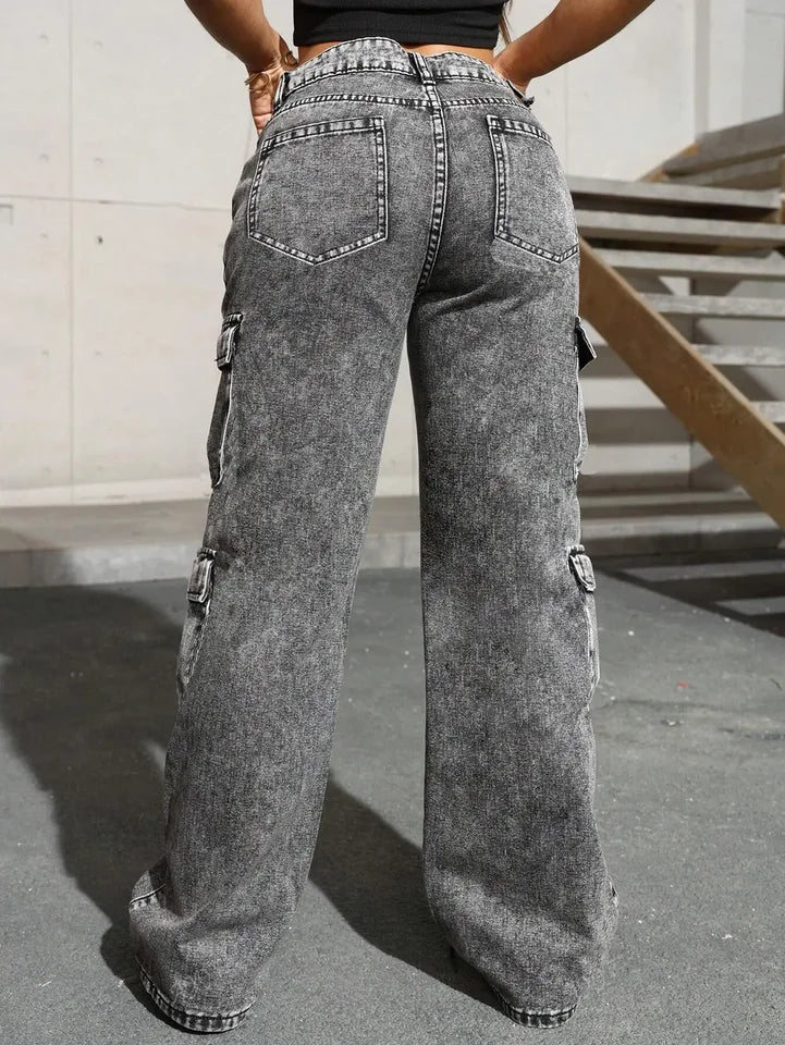Womens Jeans Y2k Jeans High Waist Stretch Cargo Pants Multiple Pockets Casual Trousers For Ladies Fashion Retro Style