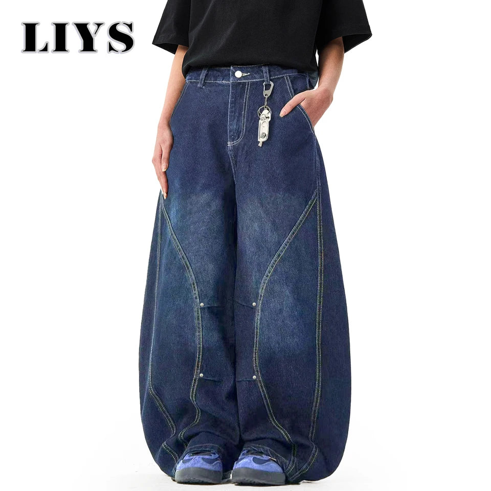 Men's American Retro Blue Loose Machete Wide Leg Jeans Unisex Baggy Straight Leg Sickle Denim Pants Deconstructed Balloon Pants