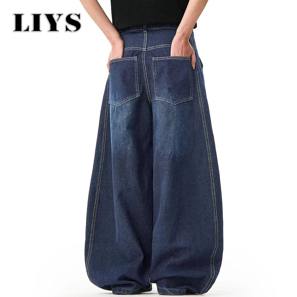 Men's American Retro Blue Loose Machete Wide Leg Jeans Unisex Baggy Straight Leg Sickle Denim Pants Deconstructed Balloon Pants