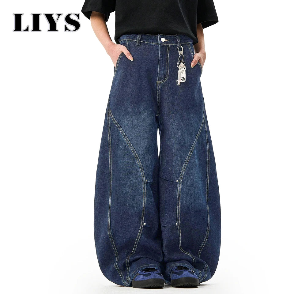 Men's American Retro Blue Loose Machete Wide Leg Jeans Unisex Baggy Straight Leg Sickle Denim Pants Deconstructed Balloon Pants