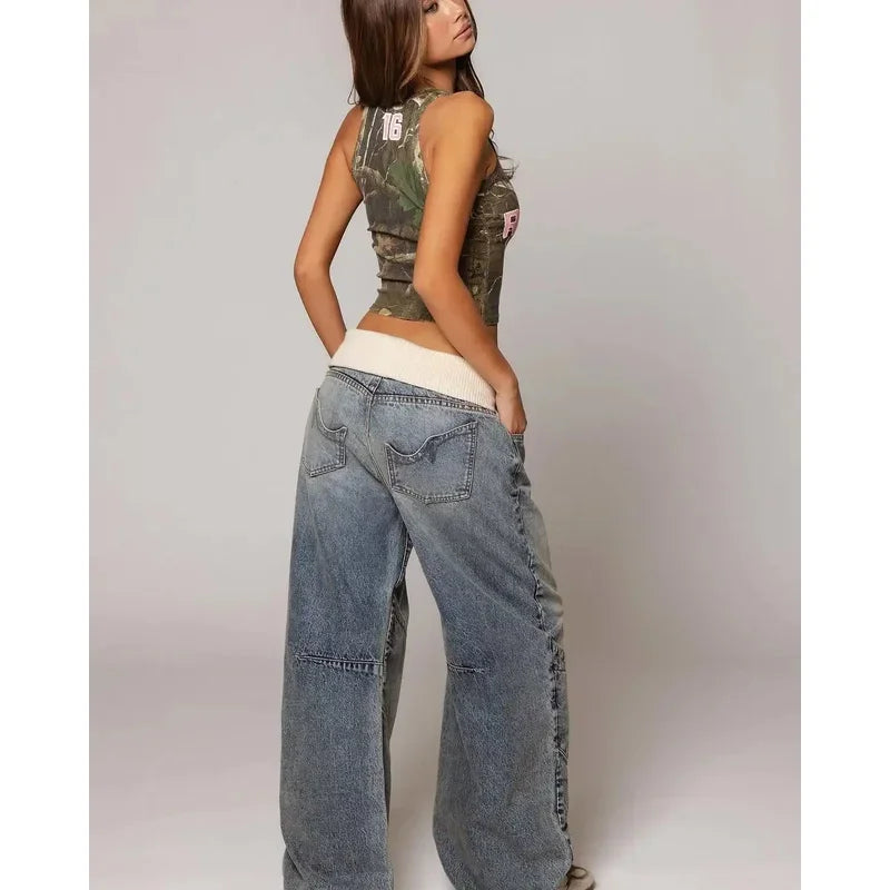 Y2K Hip-hop Stitching Fashion Joker Retro Jeans Female Korean Casual Simple Dress Essential Wide-leg Pants Loose  Joker Overalls