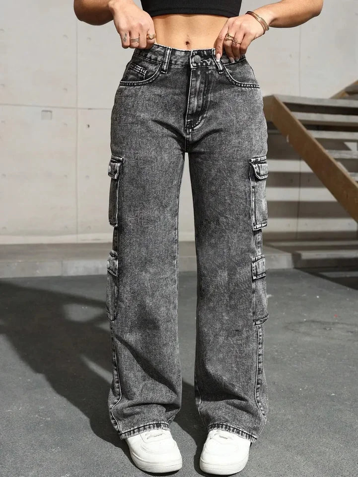 Womens Jeans Y2k Jeans High Waist Stretch Cargo Pants Multiple Pockets Casual Trousers For Ladies Fashion Retro Style