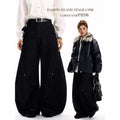 YIBASHU Women's Gothic Black Cargo Denim Jeans Y2K Harajuku High Waist Wide Leg Pants Street American Retro Style High Clothing