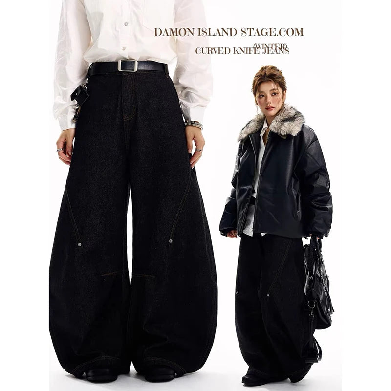 YIBASHU Women's Gothic Black Cargo Denim Jeans Y2K Harajuku High Waist Wide Leg Pants Street American Retro Style High Clothing