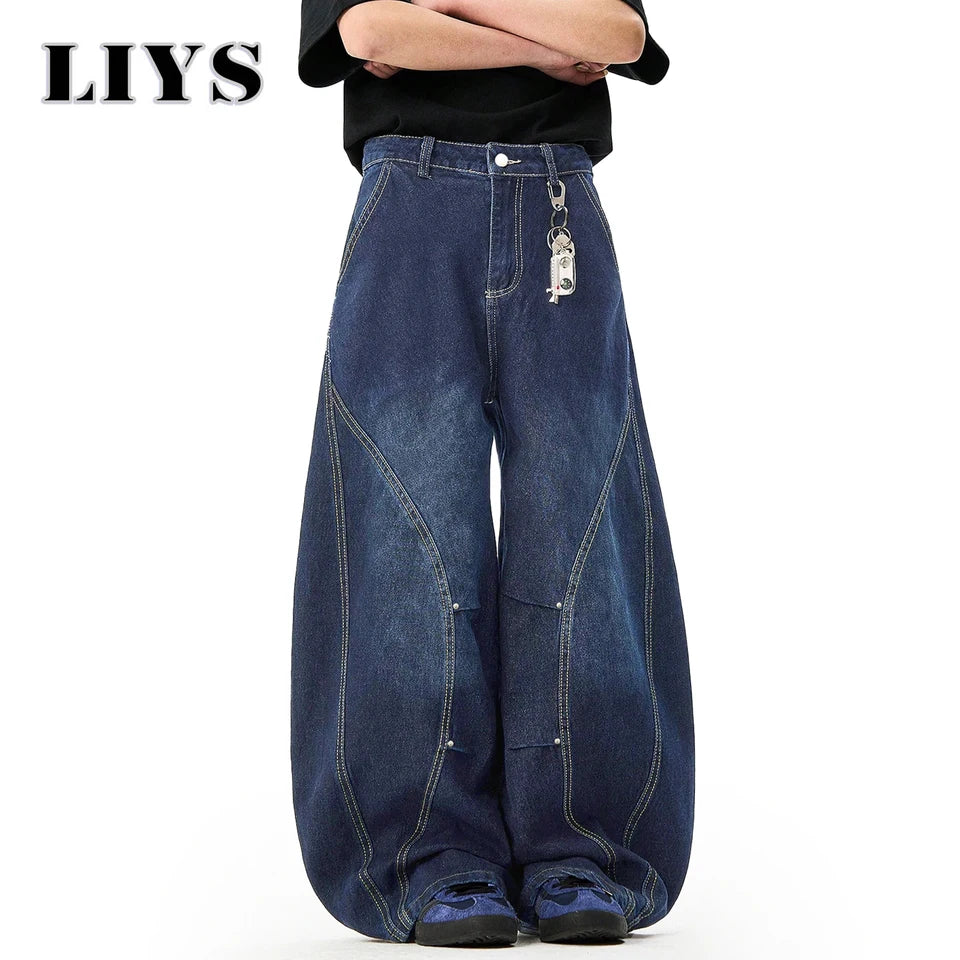 Men's American Retro Blue Loose Machete Wide Leg Jeans Unisex Baggy Straight Leg Sickle Denim Pants Deconstructed Balloon Pants