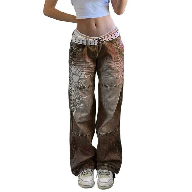 Street style women's clothing, irregular printed loose pants, low waisted pleated washed distressed multicolored jeans