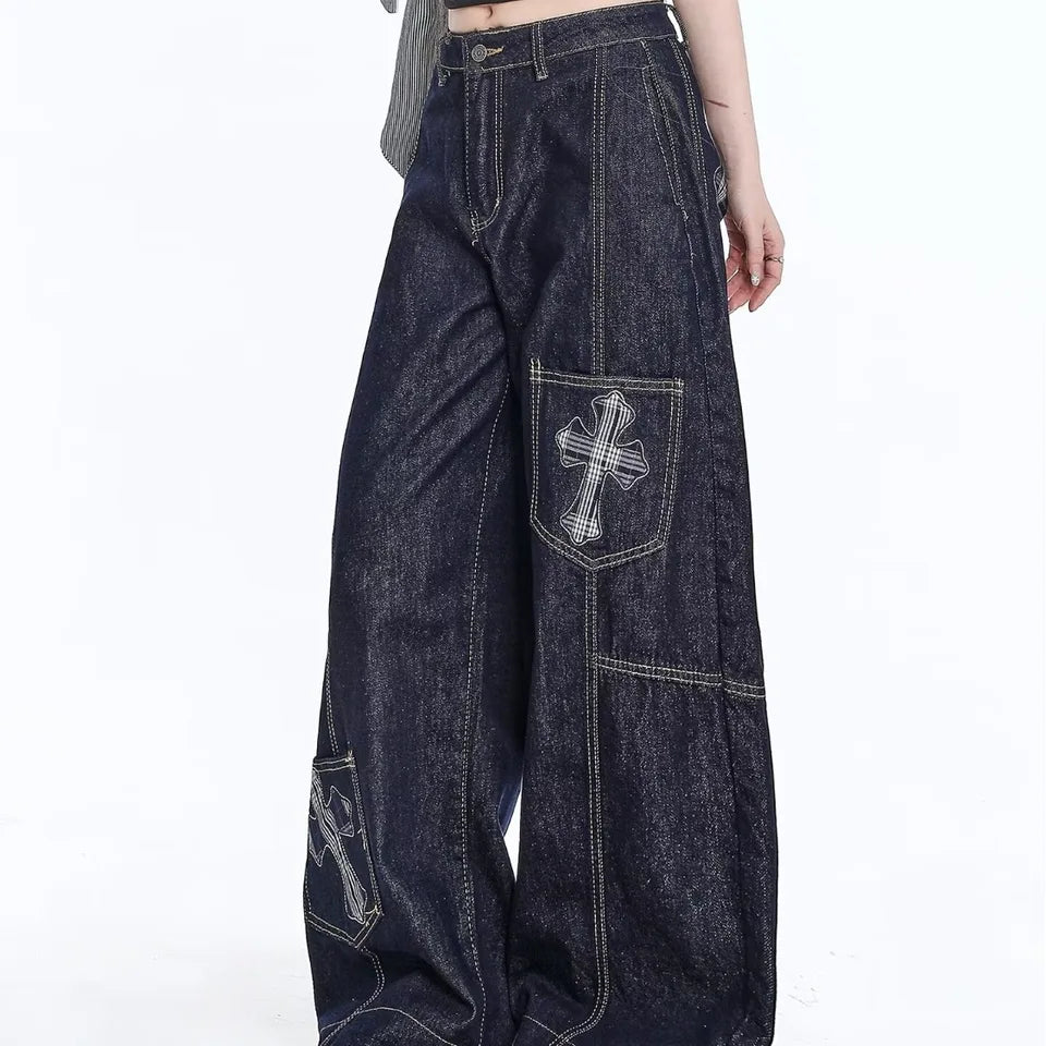 Washed patchwork embroidered jeans for women, high waisted retro Y2K straight tube loose street style curved knife wide leg pant