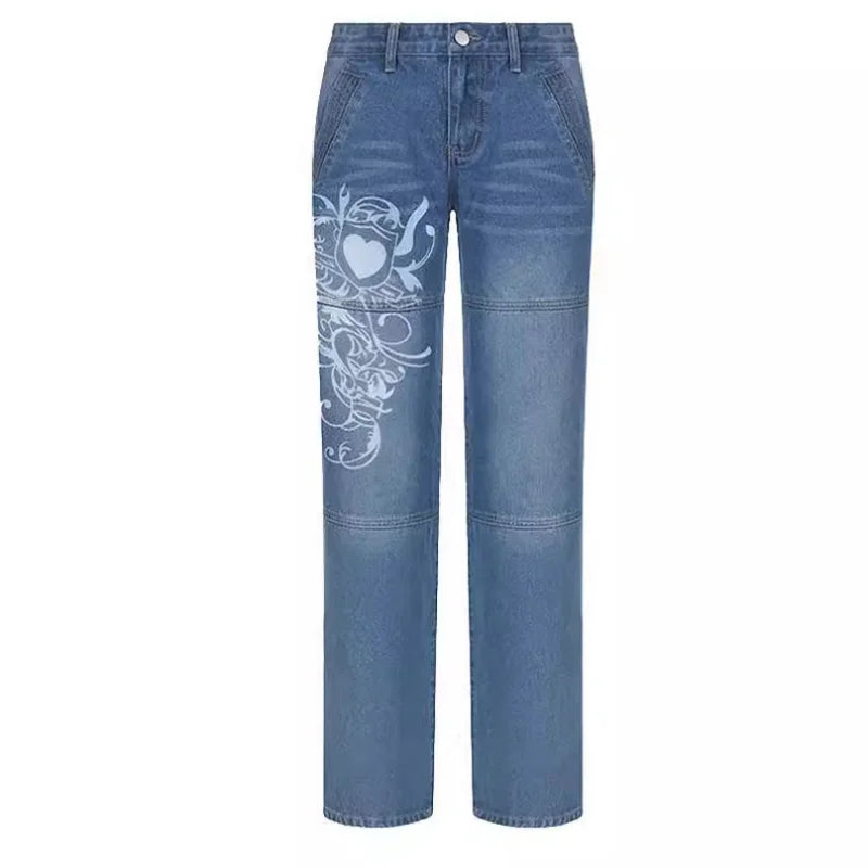 Street style women's clothing, irregular printed loose pants, low waisted pleated washed distressed multicolored jeans