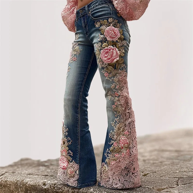 Women's Floral Embroidered High Waist Flared Jeans Vintage Boho Wide Leg Denim Pants for Party and Daily Outfits