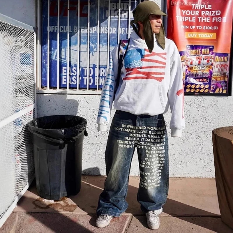 Fashion Retro Streetwear Hip-Hop Pants Casual Pants Men'S Wide Leg Pants Letter Printed Jeans Baggy Pants
