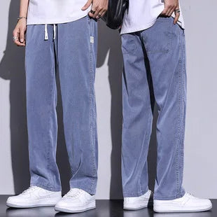 S-5XL 6Style,Men's Loose Jeans Summer Soft Lyocell Thin Fabric Straight Pants Drawstring Elastic Waist Korea Casual Trousers,Y2K