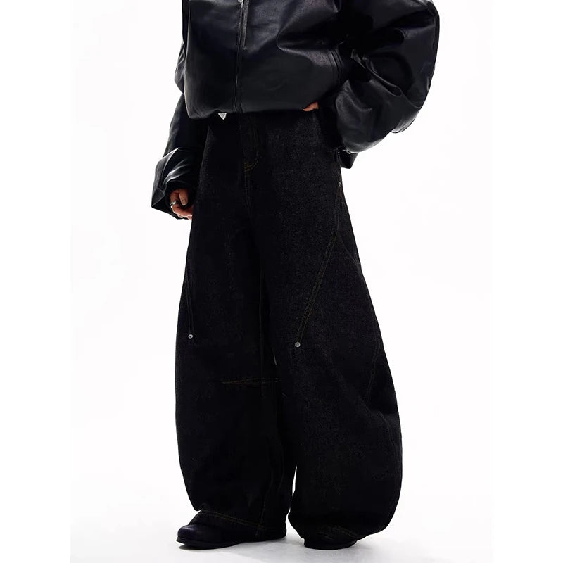 YIBASHU Women's Gothic Black Cargo Denim Jeans Y2K Harajuku High Waist Wide Leg Pants Street American Retro Style High Clothing