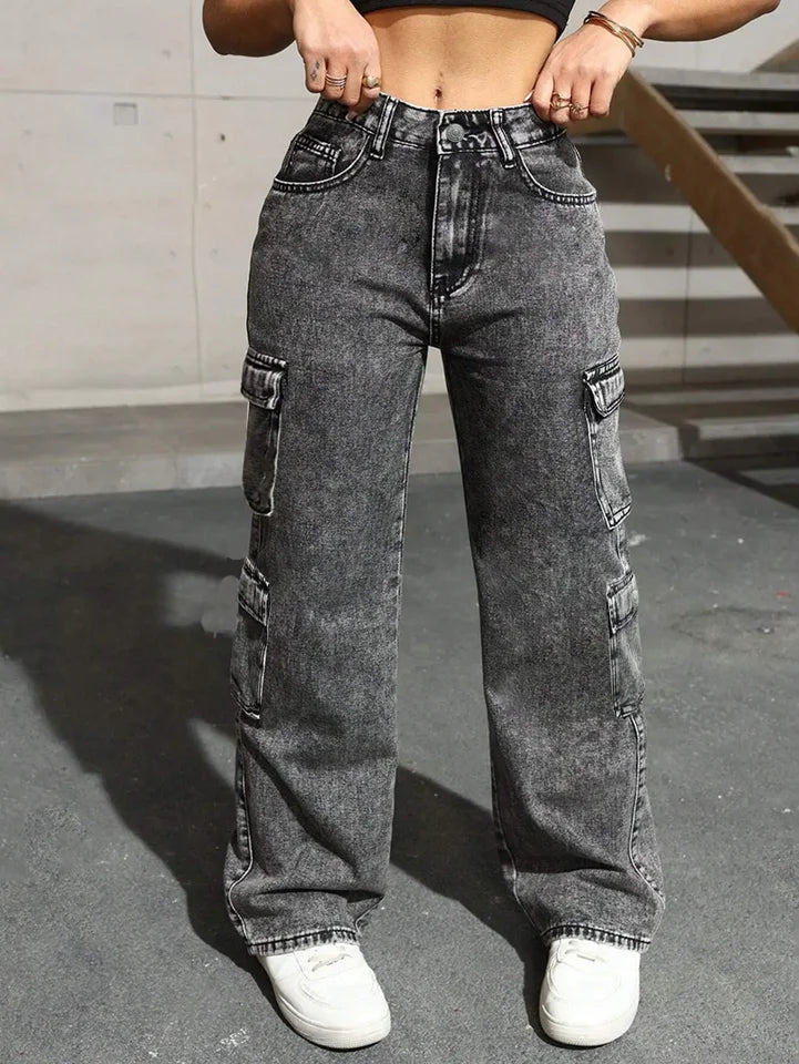 Womens Jeans Y2k Jeans High Waist Stretch Cargo Pants Multiple Pockets Casual Trousers For Ladies Fashion Retro Style