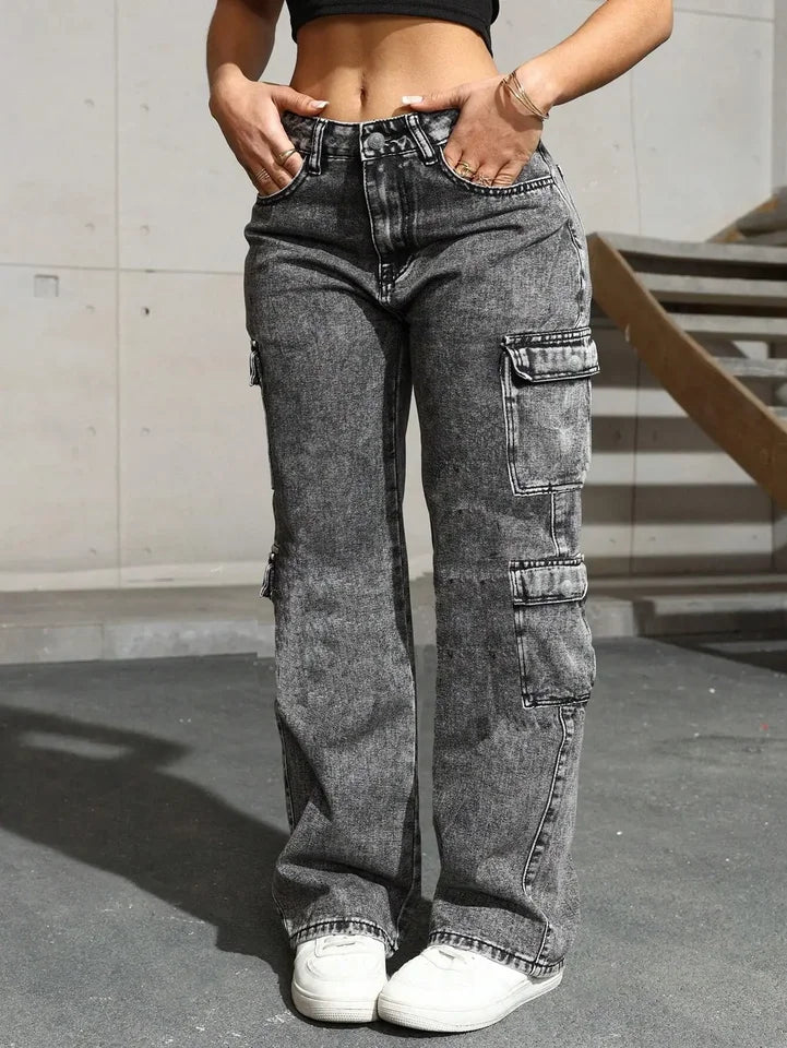 Womens Jeans Y2k Jeans High Waist Stretch Cargo Pants Multiple Pockets Casual Trousers For Ladies Fashion Retro Style