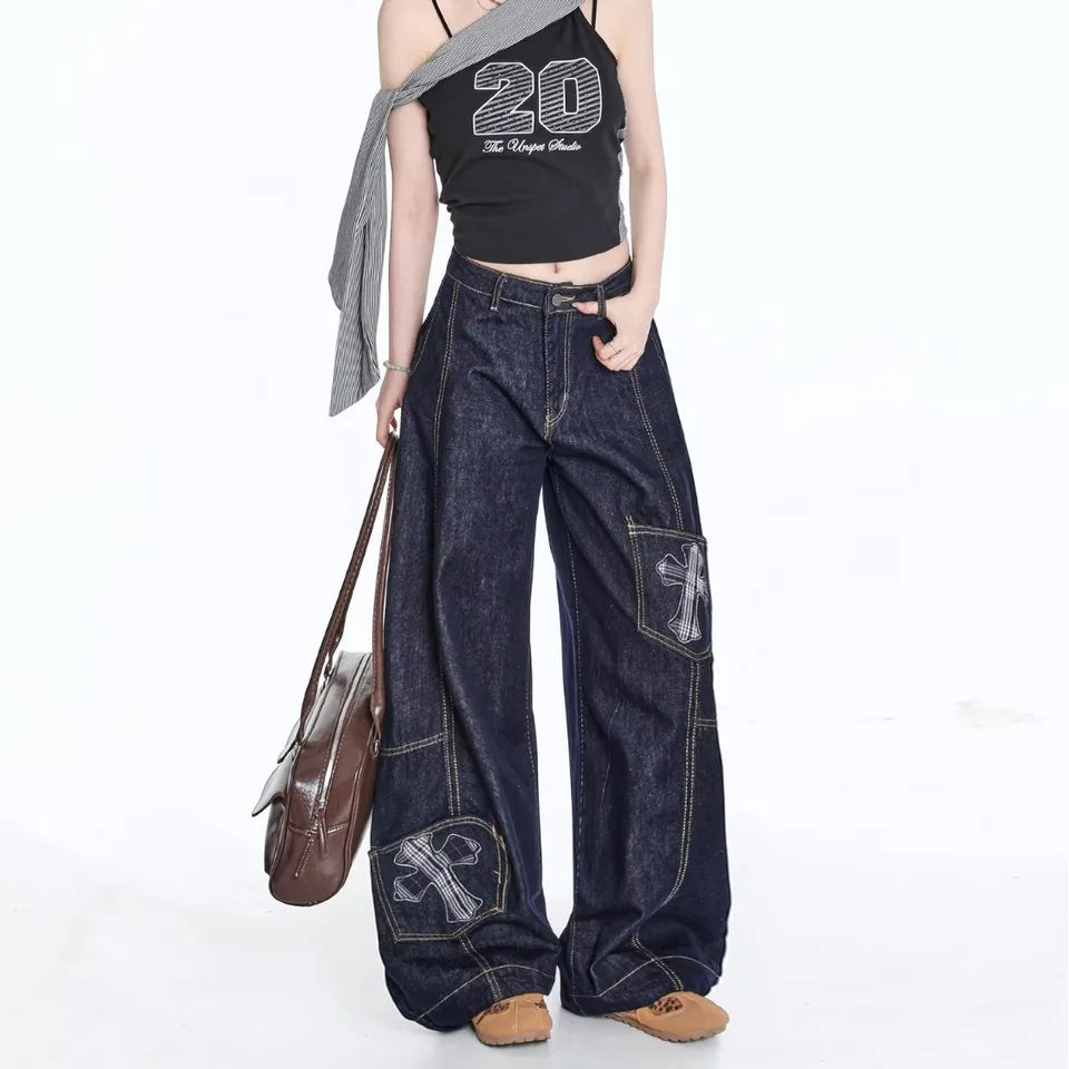 Washed patchwork embroidered jeans for women, high waisted retro Y2K straight tube loose street style curved knife wide leg pant