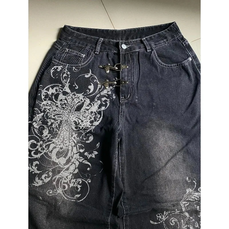 Vintage Printing Baggy Jeans Y2K Harajuku Trend Men and Women Hip Hop Fashion Casual Joker Couple Wide-leg Pants Streetwear New