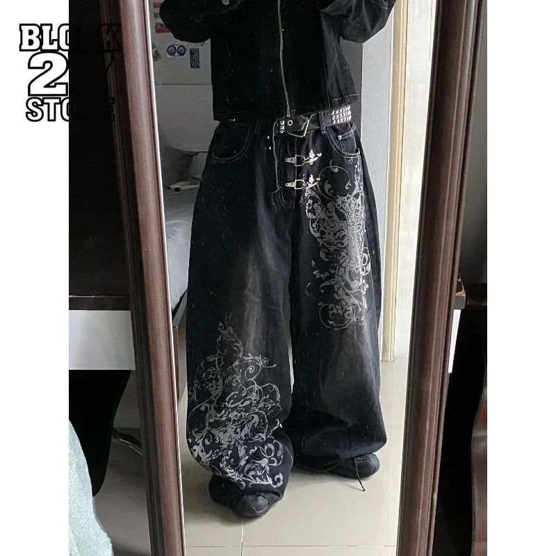 Vintage Printing Baggy Jeans Y2K Harajuku Trend Men and Women Hip Hop Fashion Casual Joker Couple Wide-leg Pants Streetwear New