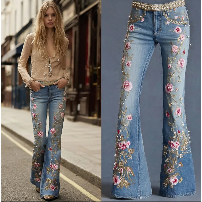 Women's Floral Embroidered High Waist Flared Jeans Vintage Boho Wide Leg Denim Pants for Party and Daily Outfits