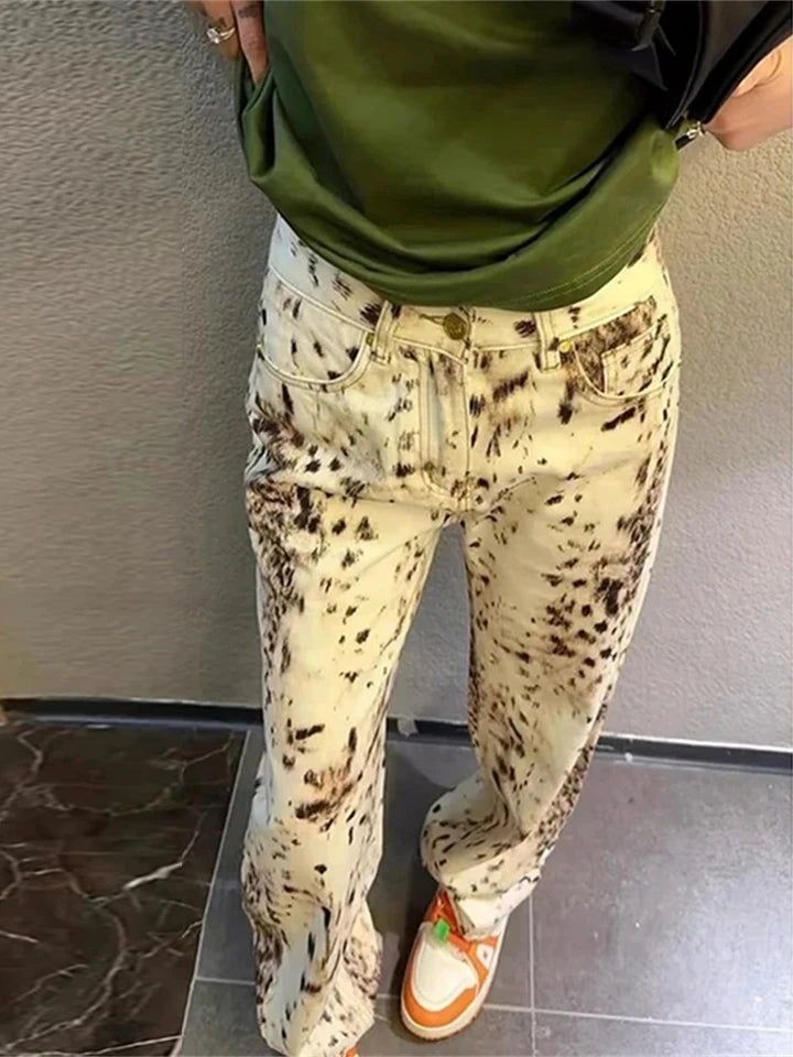 Leopard Print Straight Wide Leg Jeans Women High Waisted Retro Jeans Streetwear Y2k Vintage Pants High Street Denim Trousers