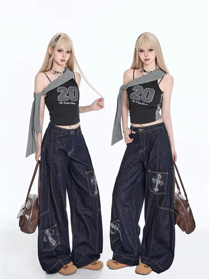 Washed patchwork embroidered jeans for women, high waisted retro Y2K straight tube loose street style curved knife wide leg pant