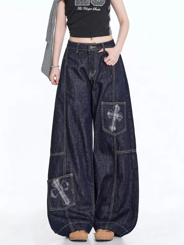 Washed patchwork embroidered jeans for women, high waisted retro Y2K straight tube loose street style curved knife wide leg pant