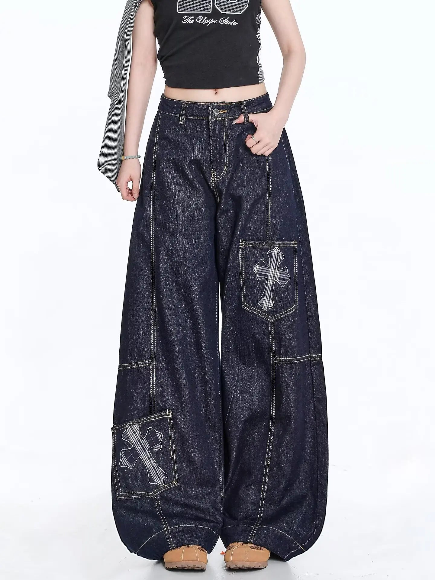 Washed patchwork embroidered jeans for women, high waisted retro Y2K straight tube loose street style curved knife wide leg pant
