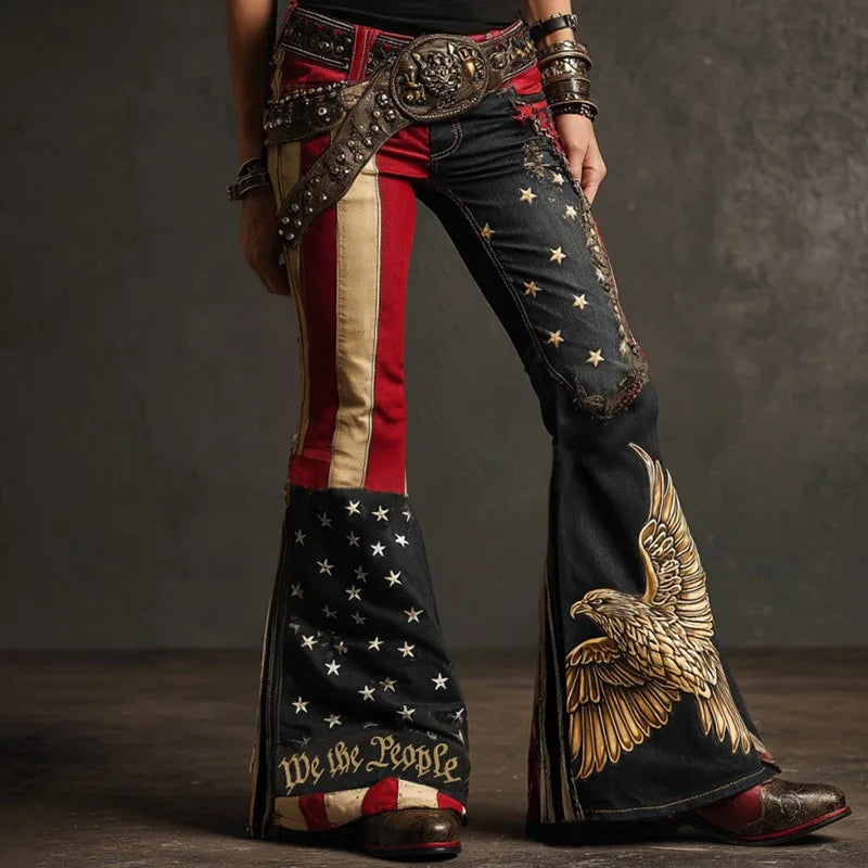 Women's Floral Embroidered High Waist Flared Jeans Vintage Boho Wide Leg Denim Pants for Party and Daily Outfits